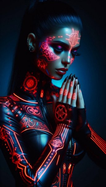 Загадочная женщина с руническим татуированием и ярким образом. Картинка из нейросети Dalle-3