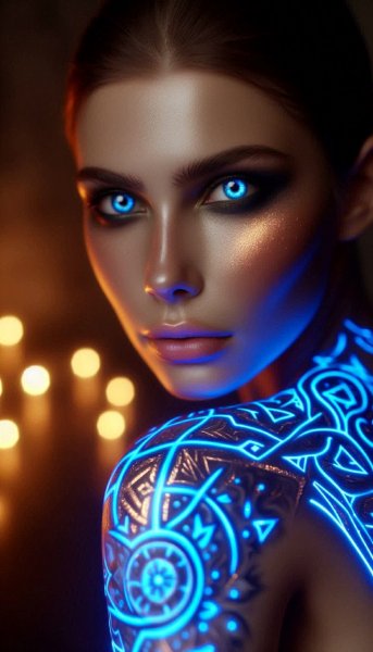 Сияющая татуировка руны и золотые узоры: взгляд, пронизывающий душу. Нейронная сеть Dalle-3