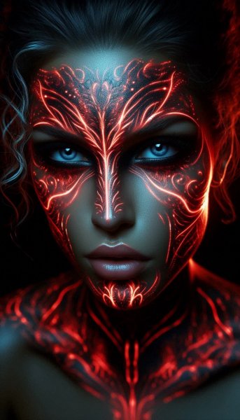 Лицо с сияющей татуировкой и рунами. Изображение из нейросети Dalle 3