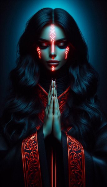 Молитва в неоновом свете: таинственная женщина с руническим татуированием лица и руками. Изображение из нейросети Dalle