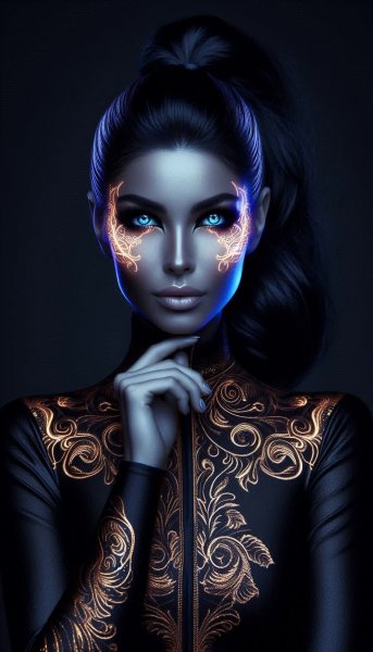 Сияющая татуировка на лице: магия света и тени. Изображение из нейросети Далли 3