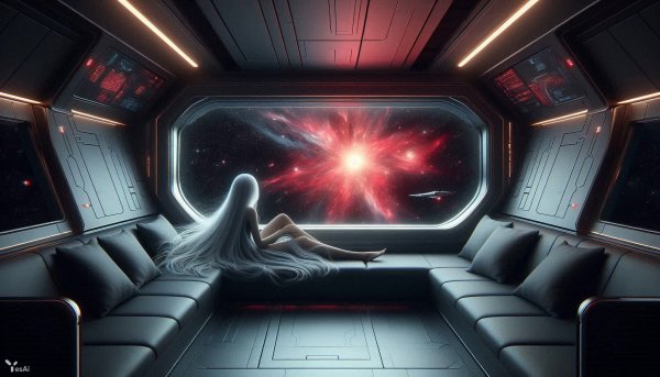 Белые волосы в звездном свете: размышления о космосе. Генерация из нейросети Dalle 3