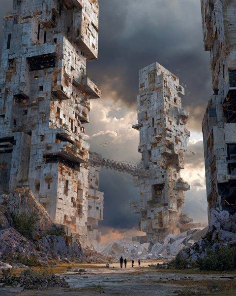 Постапокалиптический город: Брутализм, руины и надежда. Картинка из нейросети Midjourney
