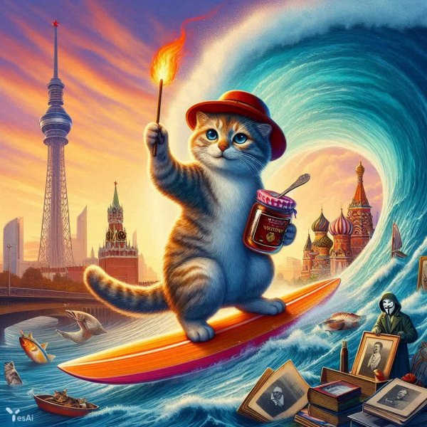 Котик-серфер: воспоминания на волне времени и фантастических образов. Картинка из нейросети Далли 3