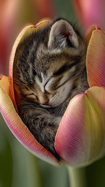 Маленький котенок спит в бутоне цветка невероятной красоты. Генерация из нейросети Midjourney