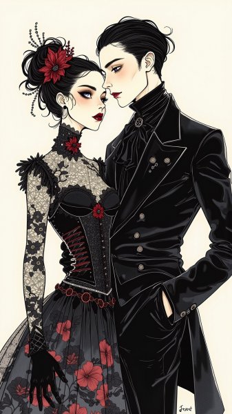 Готический дуэт: мода, искусство и цифровые грани. Изображение из нейросети Flux 1