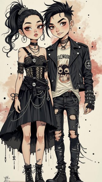 Готический дуэт: смелое сочетание панка и романтики в цифровой живописи. Генерация из нейросети Flux