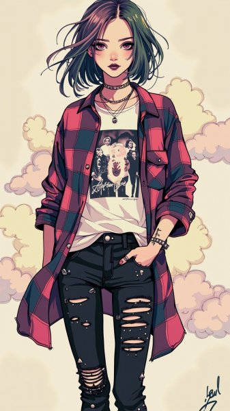 Эмо-девочка в стиле гранжа и пастельной дымке. Картинка из нейросети Flux.1