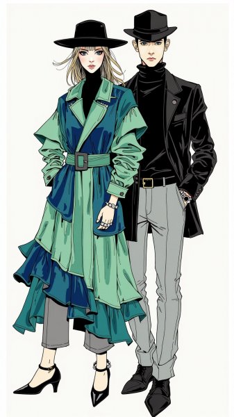 Модная пара в стиле авангард: вдохновение Kawakubo и Armani. Генерация из нейронной сети Flux.1