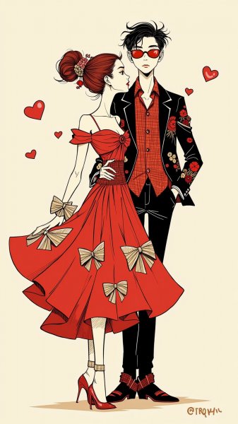 Мода и любовь: стильный дуэт в ярких цветах. Генерация из нейросети Flux 1