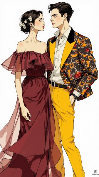 Модный дуэт в стиле Vivienne Westwood и Rei Kawakubo. Изображение из нейросети Flux 1