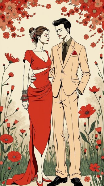 Модный дуэт в романтическом саду: вдохновение Kawakubo и Galliano. Изображение из нейронной сети Flux 1