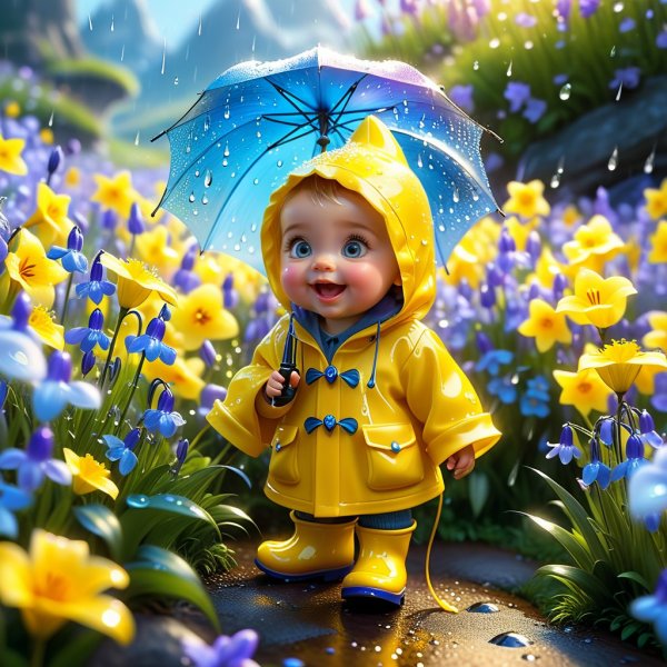 Милый Moomitrol в жёлтом дождевике: сказочный мир и волшебные цветы. Нейросеть Stable Diffusion