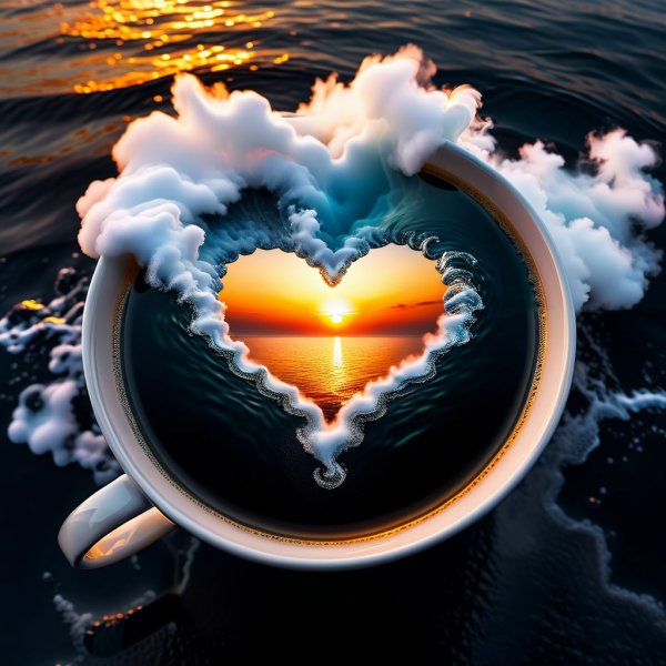 Морская симфония в чашке: трехмерный взгляд на закат и пар. Изображение из нейросети Стейбл Дифьюжн