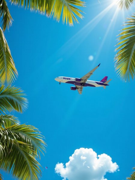 Небо и самолет: тропический пейзаж в лучах солнца. Картинка из нейросети Flux 1