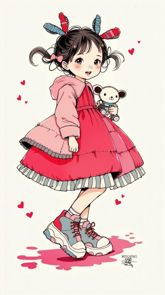 Девочка в стиле Comme des Garçons и Moschino: наивное искусство и минимализм. Картинка из нейронной сети Flux