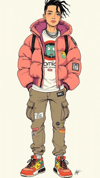 Модный мальчик: смешение уличного стиля и авангарда в ярком исполнении. Генерация из нейросети Flux Ai