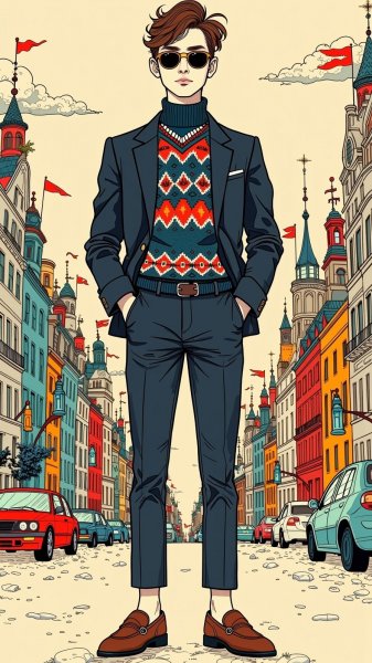 Модный мальчик: сочетание стиля Прада и Форд в ярком городском пейзаже. Нейросеть Flux Ai