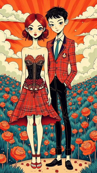 Модный дуэт в стиле Gaultier и Westwood: яркая романтика. Генерация из нейросети Flux 1