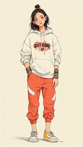 Городской стиль и уют: иллюстрация модной девушки в повседневном образе. Изображение из нейронной сети Flux.1