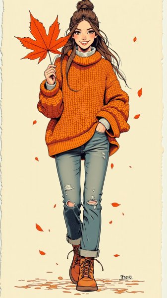 Осенний образ: уютный свитер и яркий клён. Изображение из нейросети Flux