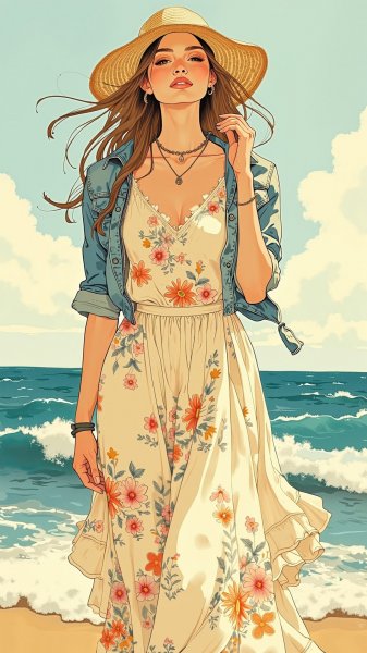 Богемная мода: безмятежность у океана в стиле Лауры Эшли и Стеллы Маккартни. Генерация из нейронной сети Flux.1