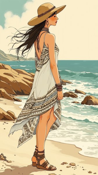 Богемная мечта на пляже: стиль Zadig   Voltaire и Ulla Johnso. Нейросеть Flux