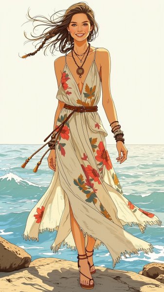 Богемная мода у моря: гармония стиля и природы. Генерация из нейросети Flux Ai