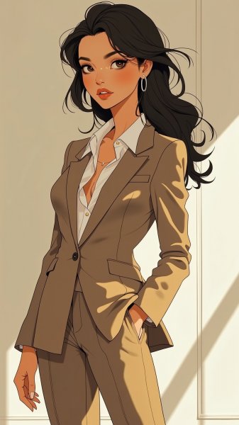 Элегантность в темных волнах и стильном костюме. Картинка из нейронной сети Flux