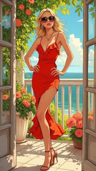 Летний шик: модель в красном платье на солнечном балконе. Картинка из нейросети Flux.1