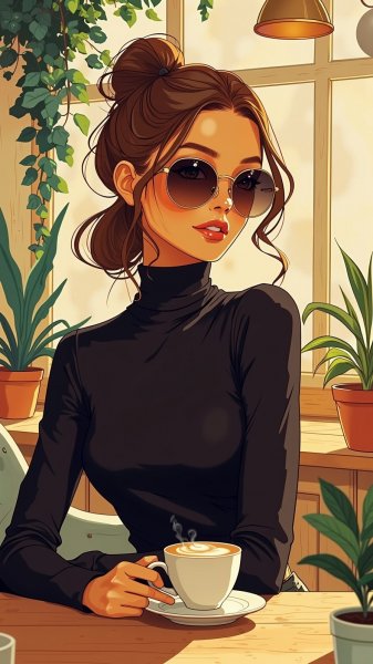 Элегантность в солнечном кафе: стильный портрет современной женщины. Нейронная сеть Flux 1
