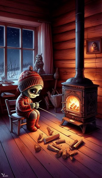 Милый зомби у русской печи: взгляд в ночную тьму. Картинка из нейросети Dalle