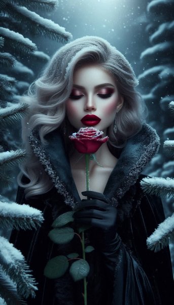 Вампирша в зимнем лесу: тайна кровавой розы и полночной красоты. Генерация из нейросети Dalle 3