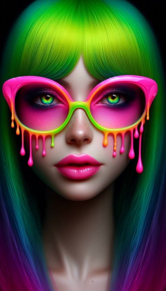 Яркие очки и неоновый макияж: причудливый образ на тёмном фоне. Нейронная сеть Dalle