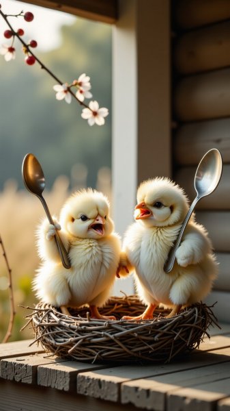 Разъяренные цыплята с ложками на рассвете у дома. Нейронная сеть Flux 1