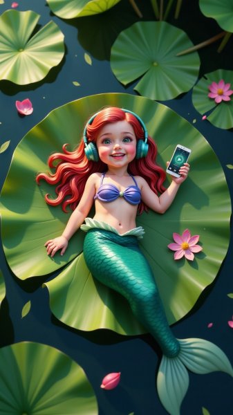 Русалочка наслаждается музыкой на лилии. Изображение из нейронной сети Flux