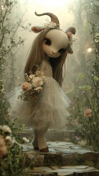 Загадочная девочка-коза в волшебном саду. Изображение из нейронной сети Миджорни