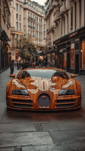 Деревянный автомобиль на городской улице в гиперреалистичной фотографии. Картинка из нейросети Midjourney