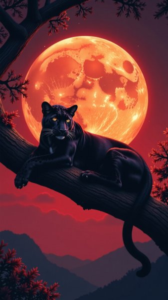 Черный леопард под полной луной: цифровое искусство в огне багряного заката. Картинка из нейронной сети Flux Ai