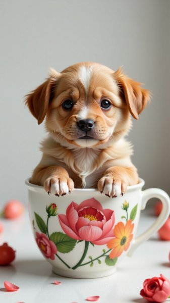 Милый щенок в цветочном стакане: фотореализм и золотые слои. Генерация из нейросети Flux Ai