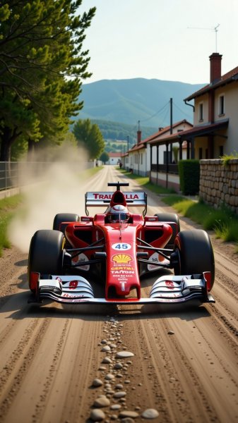 Красная гоночная машина Формула 1 по грунтовой дороге. Генерация из нейронной сети Flux Ai