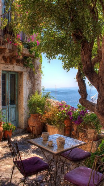 Идиллия на террасе: кофе, море и цветущий сад. Нейронная сеть Midjourney