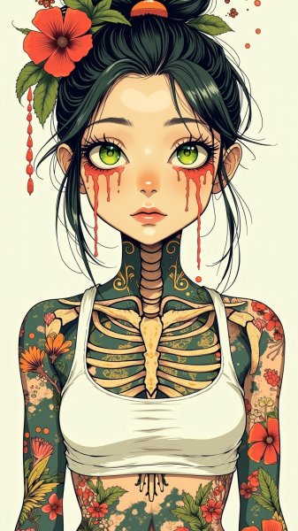 Татуированная красотка в неоновом свете тропиков. Изображение из нейронной сети Flux