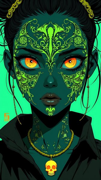 Яркие краски на темной коже: образ с неоновыми крыльями бабочки и черепом. Изображение из нейронной сети Flux