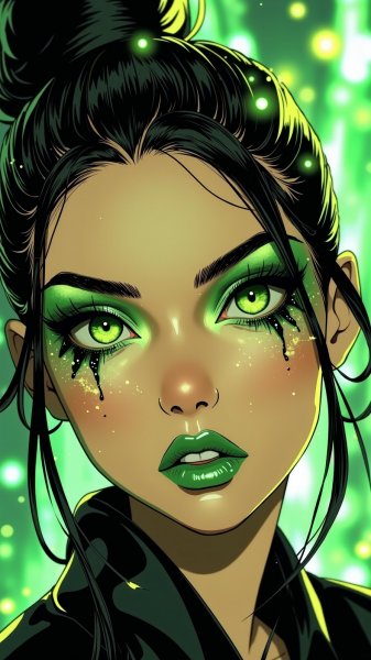 Драматичный макияж: зеленый, черный и блеск на фоне многоцветного размытия. Изображение из нейронной сети Flux
