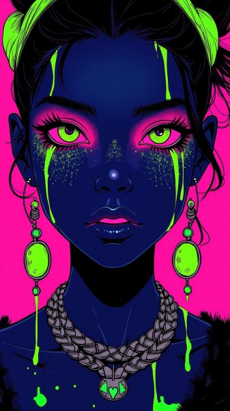 Яркий готический образ с неоновым макияжем и украшениями. Нейросеть Flux Ai