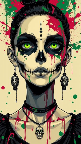 Сюрреалистичный призрак с ярким макияжем и темной кожей демонстрирует эффектные аксессуары. Изображение из нейросети Flux.1