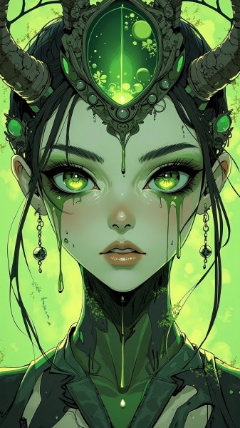 Готическая элегантность и яркий макияж с зелеными акцентами. Картинка из нейросети Flux.1