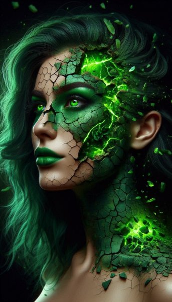 Зеленый разлом: фантазийный портрет прекрасной ведьмы с трещинами на коже. Нейросеть Dalle-3