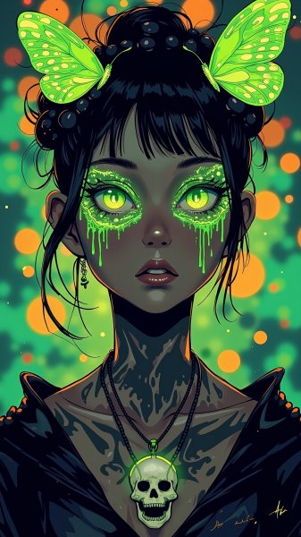 Неоновая красота с тёмной кожей и крыльями бабочки. Нейросеть Flux.1